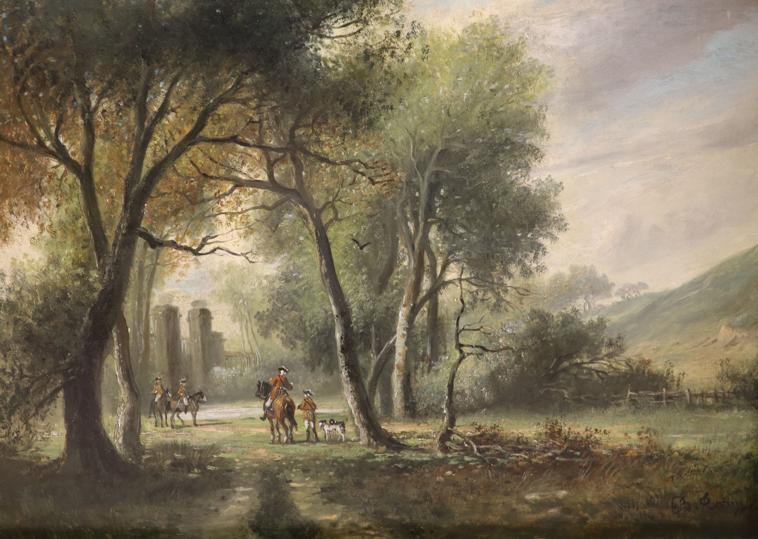 Continental School, pair of oils on canvas, 19th century horseman in parkland, indistinctly signed B. Camy, 48 x 64cm